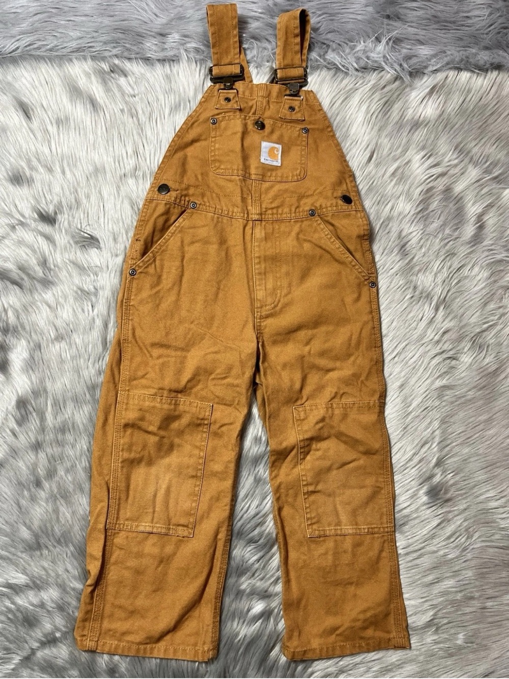Carhartt Kids Duck Washed Double Knee Bib Overalls Size 4 Brown